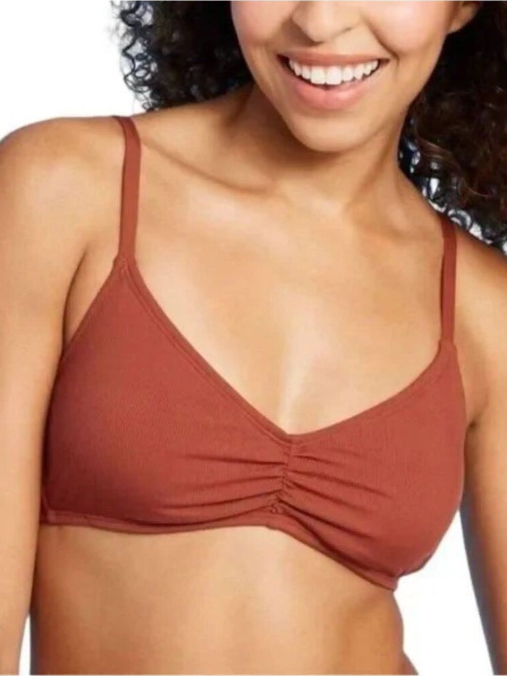 Women’s Medium Ruched Front Bralette Bikini Top- Rust Orange
